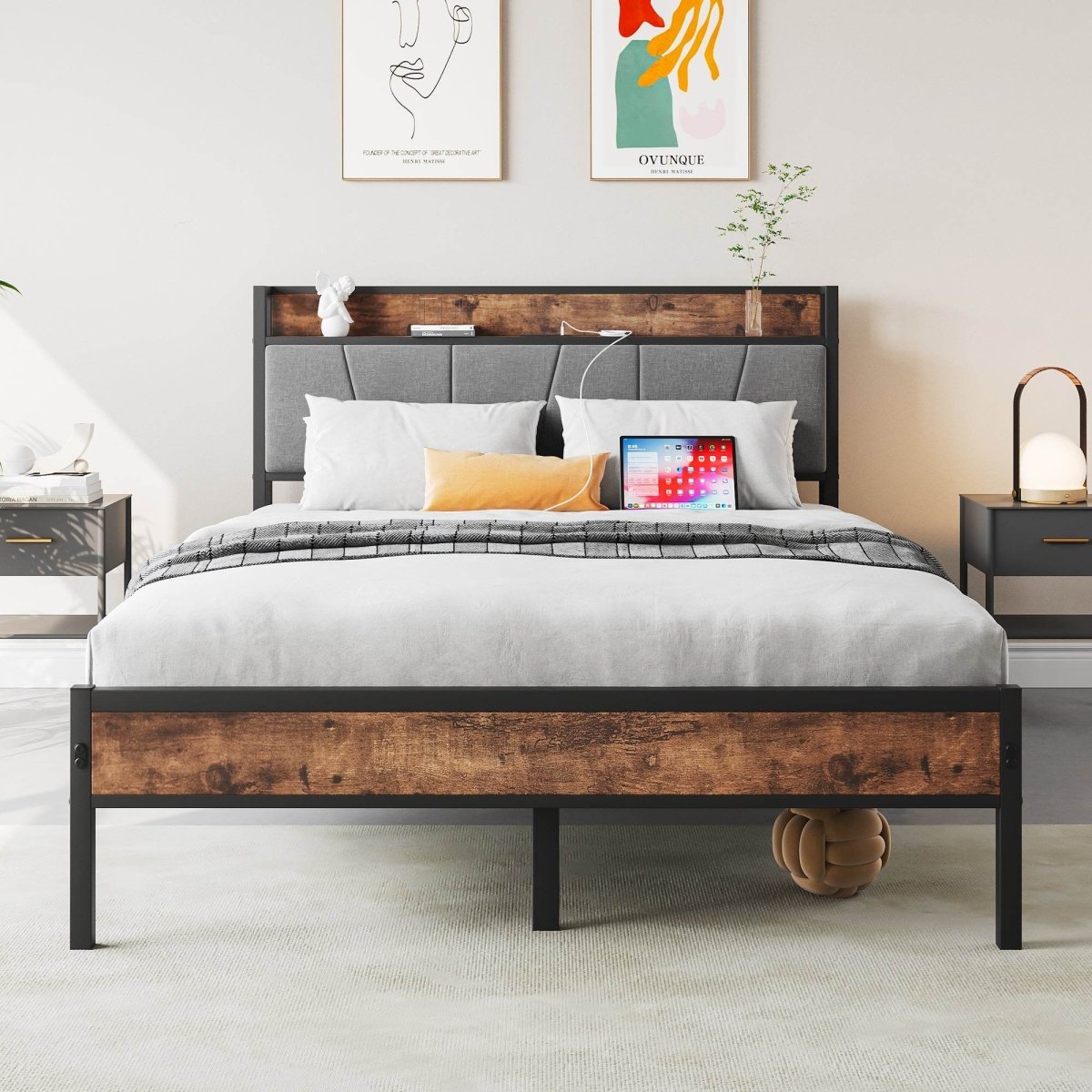 Full Metal And Wood Full Bed Frame With Charging Station - Driftwood - Omega Lifestyles
