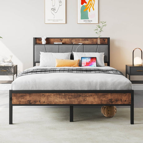 Full Metal And Wood Full Bed Frame With Charging Station - Driftwood - Omega Lifestyles