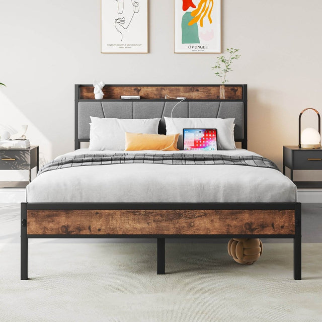 Full Metal And Wood Full Bed Frame With Charging Station - Driftwood - Omega Lifestyles