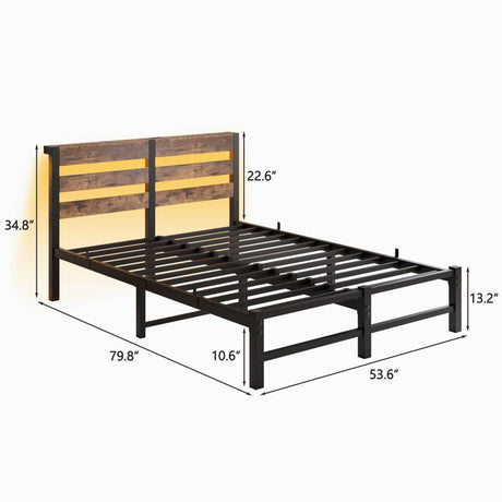 Full Metal And Wood Full Bed Frame With RGB Lights - Driftwood - Omega Lifestyles