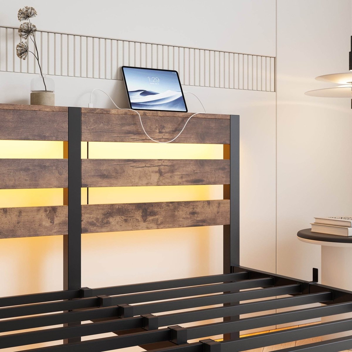 Full Metal And Wood Full Bed Frame With RGB Lights - Driftwood - Omega Lifestyles