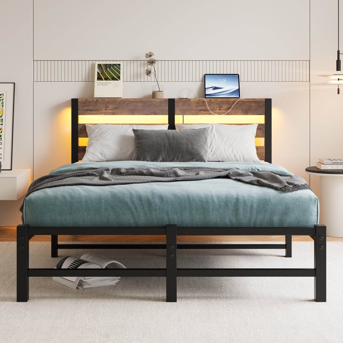 Full Metal And Wood Full Bed Frame With RGB Lights - Driftwood - Omega Lifestyles