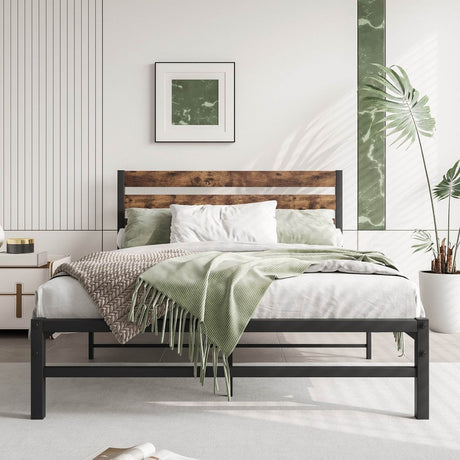 Full Metal And Wood Full Size Platform Bed Frame - Driftwood - Omega Lifestyles