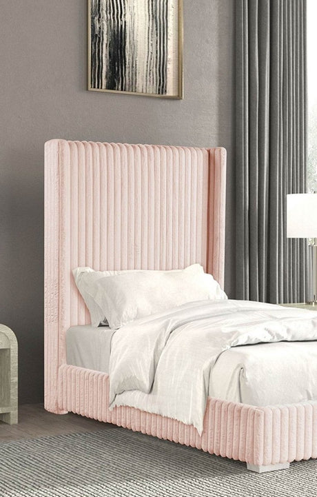 Full Pink Chenille Upholstered Wood Full Size Bed Frame - Driftwood - Omega Lifestyles