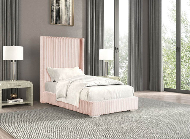 Full Pink Chenille Upholstered Wood Full Size Bed Frame - Omega Lifestyles