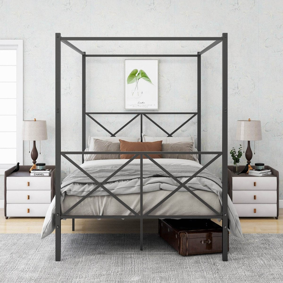 Full Size Black Metal Platform Bed Frame With Storage - Driftwood - Omega Lifestyles