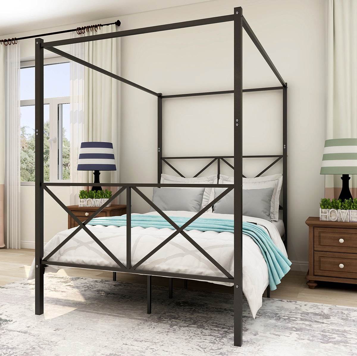 Full Size Black Metal Platform Bed Frame With Storage - Driftwood - Omega Lifestyles