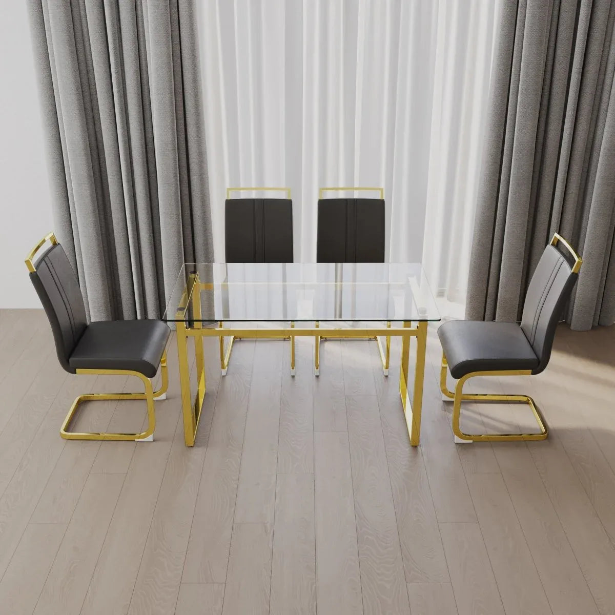 Glass Dining Table Set With Gold Legs And PU Chairs - Omega Lifestyles