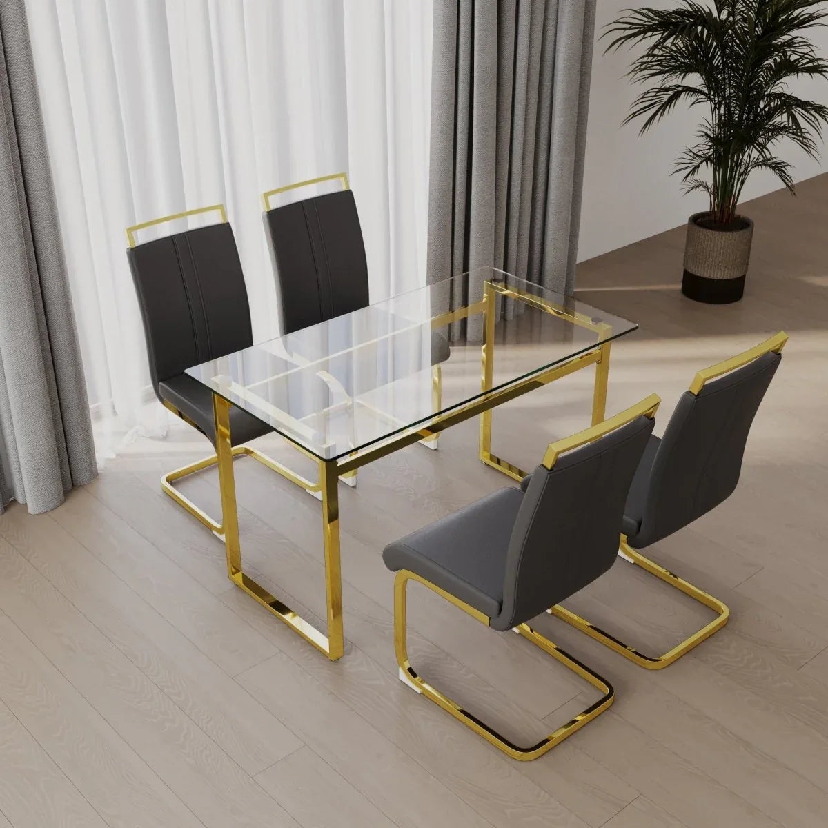 Glass Dining Table Set With Gold Legs And PU Chairs - Omega Lifestyles