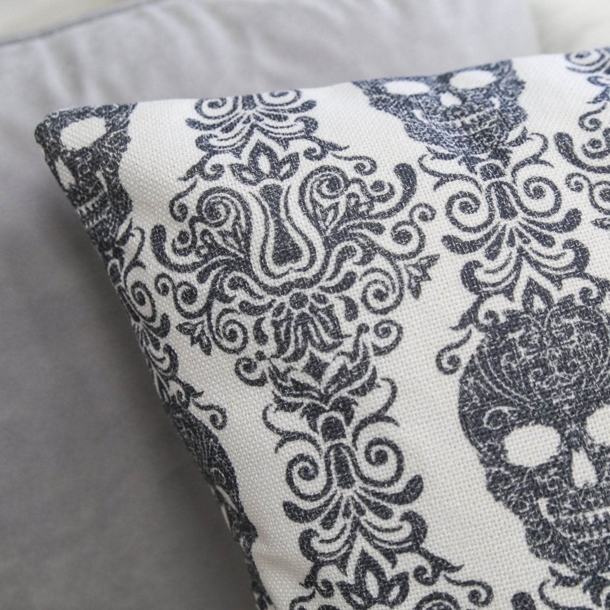 Gothic Damask Skull Cotton Linen Throw Pillow 20x20 Inch - Driftwood - Omega Lifestyles