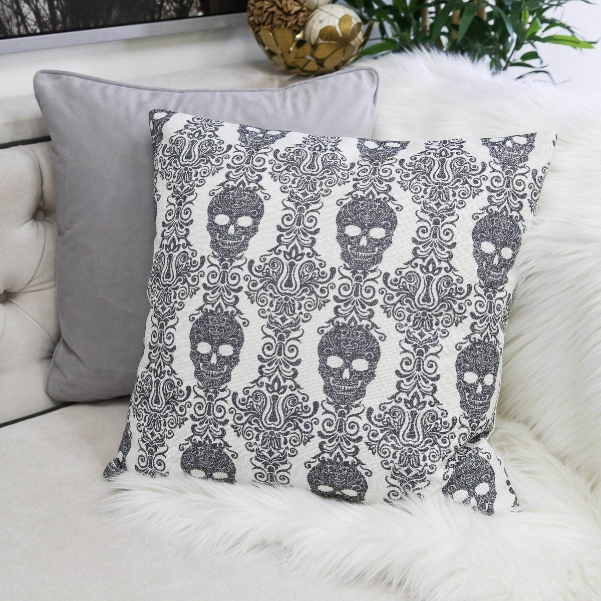 Gothic Damask Skull Cotton Linen Throw Pillow 20x20 Inch - Driftwood - Omega Lifestyles