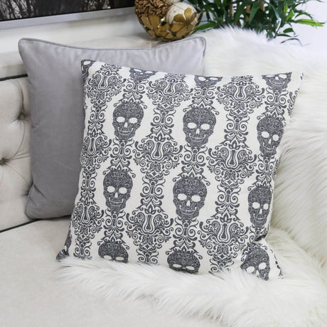 Gothic Damask Skull Cotton Linen Throw Pillow 20x20 Inch - Driftwood - Omega Lifestyles