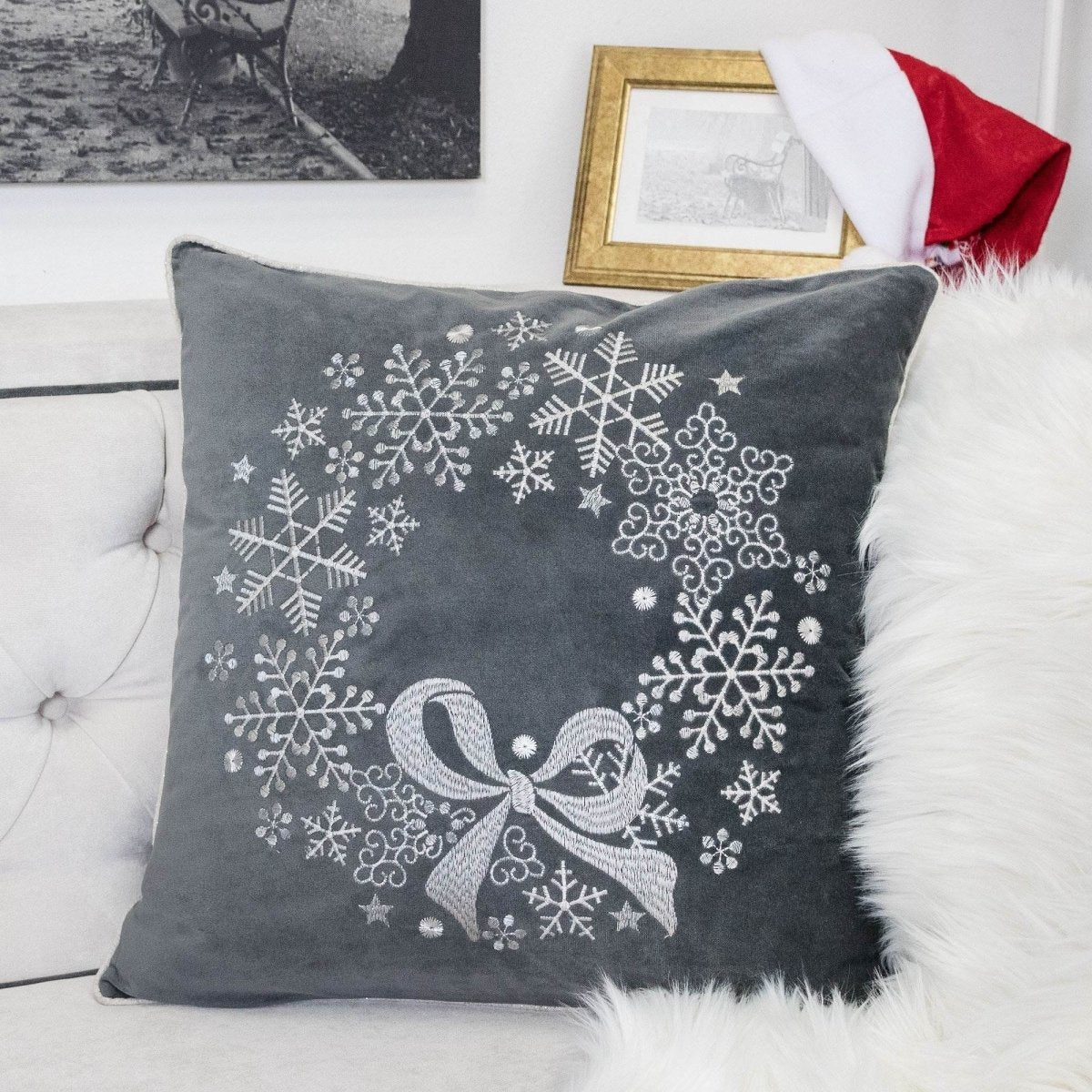 Gray Velvet Holiday Embroidered Snowflake Throw Pillow 20x20 - Driftwood - Omega Lifestyles
