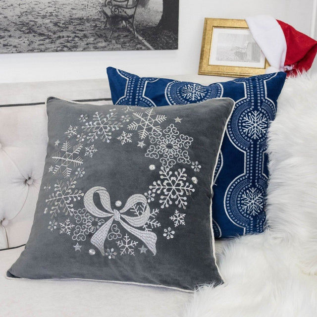 Gray Velvet Holiday Embroidered Snowflake Throw Pillow 20x20 - Omega Lifestyles