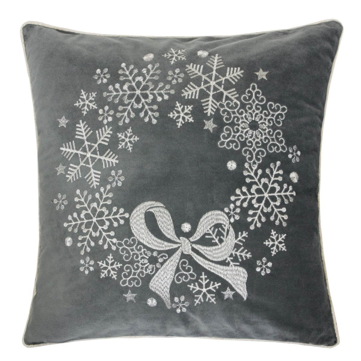 Gray Velvet Holiday Embroidered Snowflake Throw Pillow 20x20 - Driftwood - Omega Lifestyles