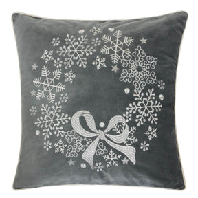 Gray Velvet Holiday Embroidered Snowflake Throw Pillow 20x20 - Omega Lifestyles