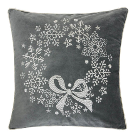 Gray Velvet Holiday Embroidered Snowflake Throw Pillow 20x20 - Driftwood - Omega Lifestyles