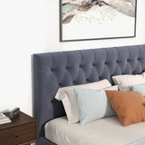 Grey Velvet Upholstered Queen Platform Bed Frame - Driftwood - Omega Lifestyles