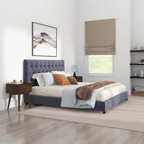 Grey Velvet Upholstered Queen Platform Bed Frame - Driftwood - Omega Lifestyles