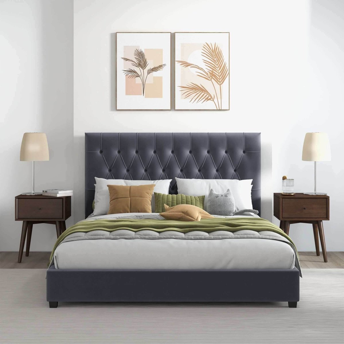 Grey Velvet Upholstered Queen Platform Bed Frame - Driftwood - Omega Lifestyles