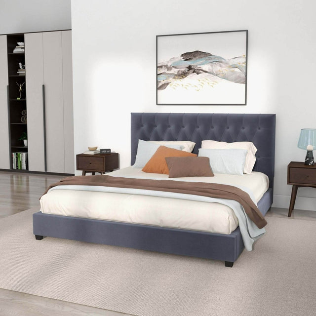 Grey Velvet Upholstered Queen Platform Bed Frame - Omega Lifestyles