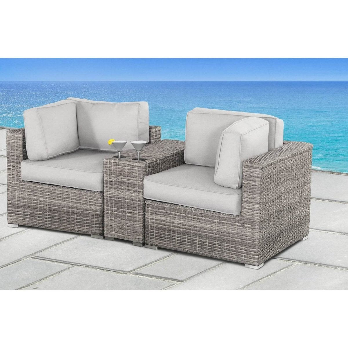 Handcrafted HDPE Wicker 79 - Inch Outdoor Loveseat With Cushions - Driftwood - Omega Lifestyles