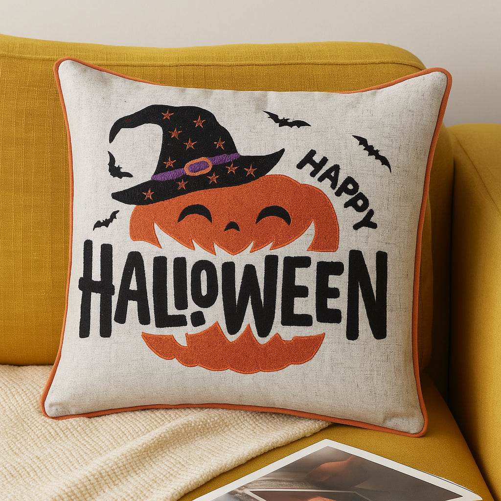 Happy Halloween Pumpkin Witch Embroidered Throw Pillow 20x20 Inch - Driftwood - Omega Lifestyles