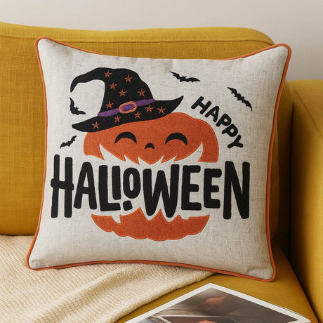 Happy Halloween Pumpkin Witch Embroidered Throw Pillow 20x20 Inch - Driftwood - Omega Lifestyles