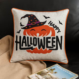 Happy Halloween Pumpkin Witch Embroidered Throw Pillow 20x20 Inch - Driftwood - Omega Lifestyles
