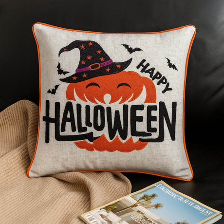 Happy Halloween Pumpkin Witch Embroidered Throw Pillow 20x20 Inch - Driftwood - Omega Lifestyles