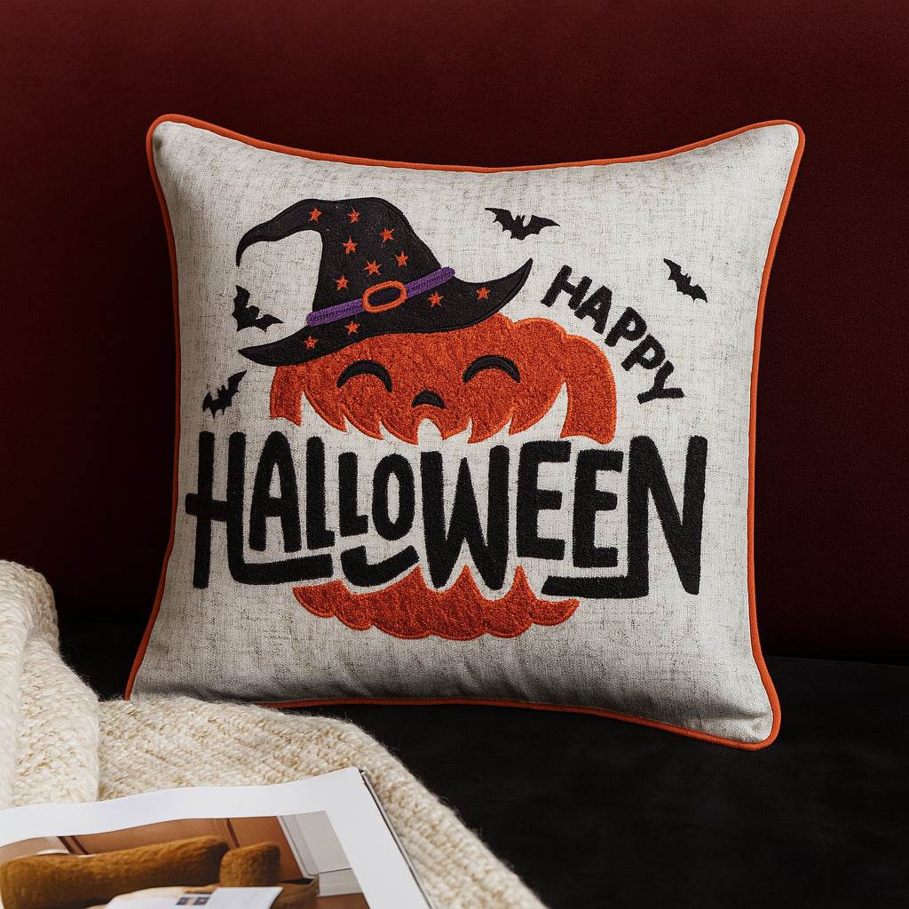 Happy Halloween Pumpkin Witch Embroidered Throw Pillow 20x20 Inch - Driftwood - Omega Lifestyles
