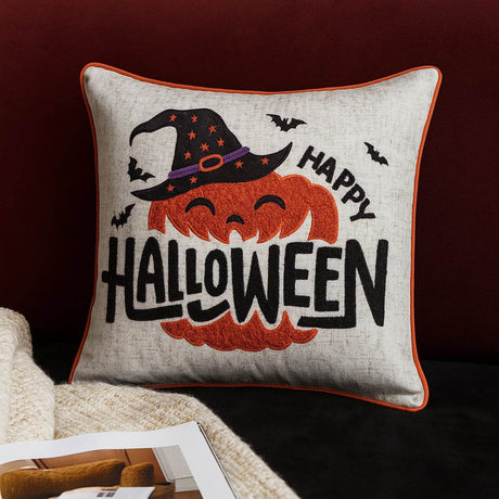 Happy Halloween Pumpkin Witch Embroidered Throw Pillow 20x20 Inch - Driftwood - Omega Lifestyles