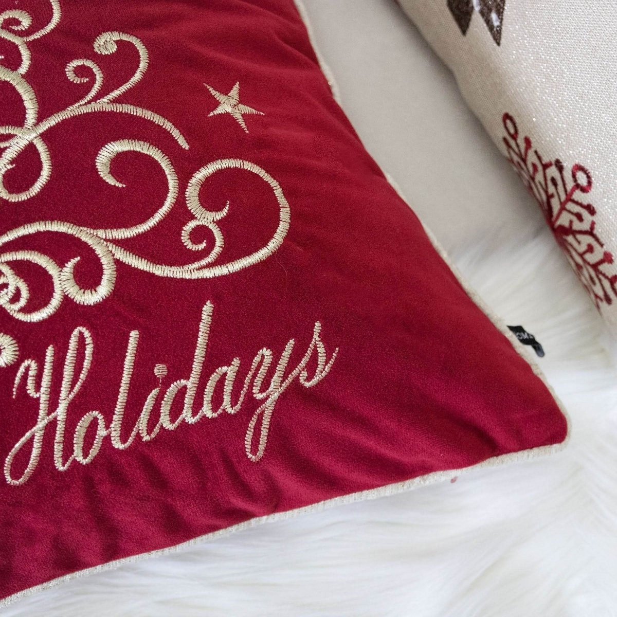 Happy Holidays Embroidered 20x20 Velvet Throw Pillow - Driftwood - Omega Lifestyles