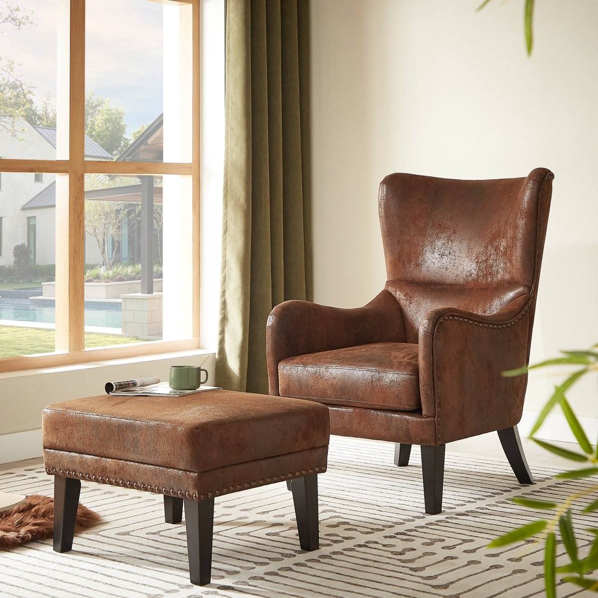 Hi-Back Vintage Distressed Accent Chair With Ottoman - Sleep Galleria