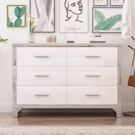 High Gloss White MDF Dresser With 6 Drawers - Sleep Galleria