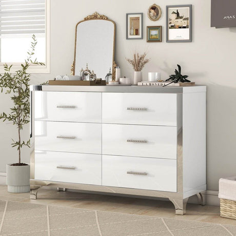 High Gloss White MDF Dresser With 6 Drawers - Sleep Galleria