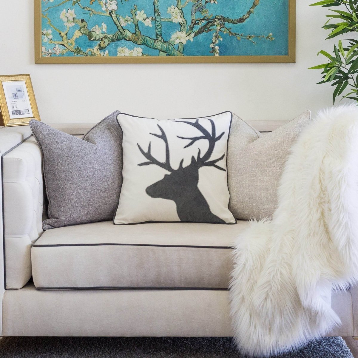 Holiday Reindeer Velvet Accent Pillow With Plush Insert - Driftwood - Omega Lifestyles