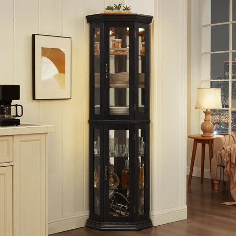 Illuminated Corner Glass Curio Cabinet With Adjustable Shelves - Omega Lifestyles