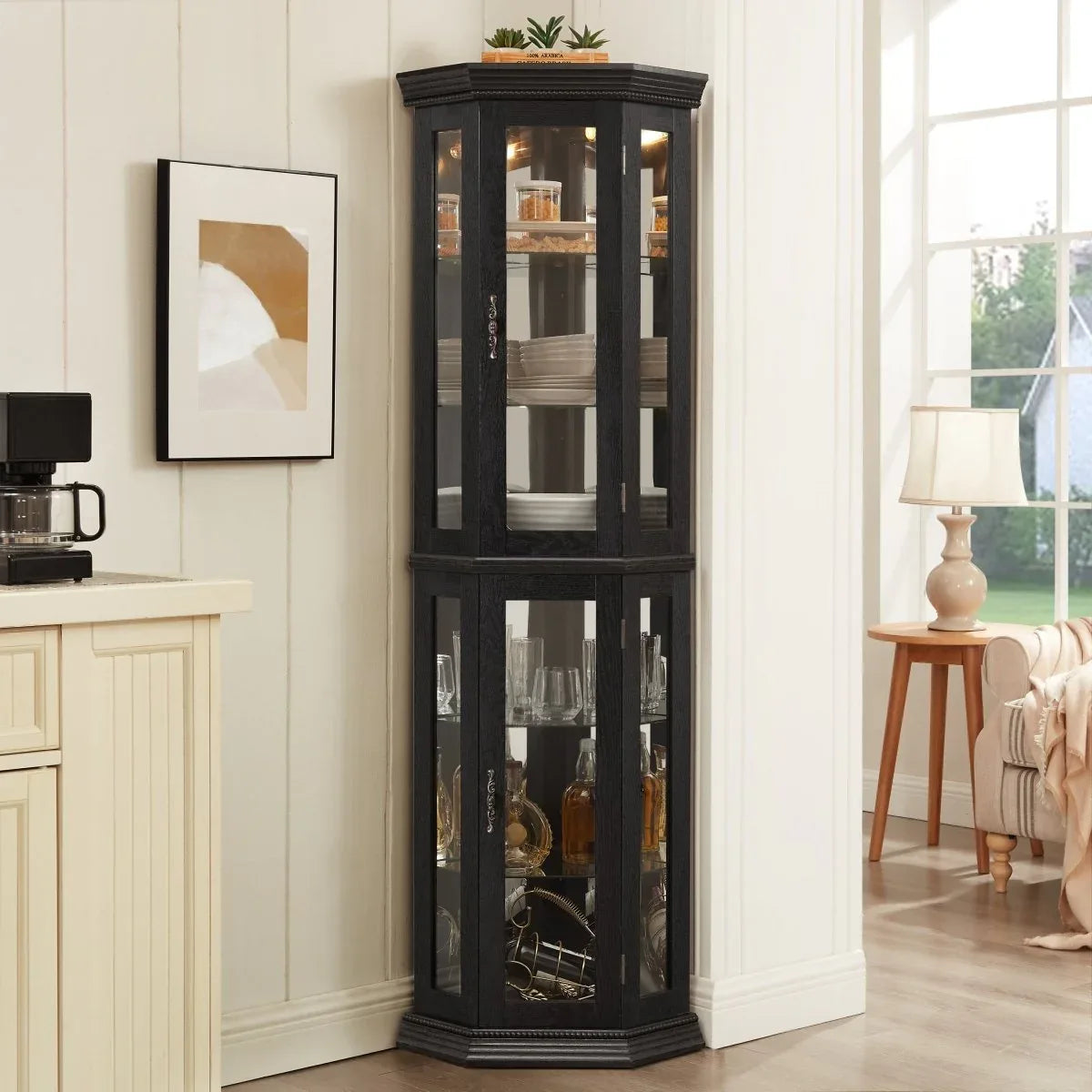 Illuminated Corner Glass Curio Cabinet With Adjustable Shelves - Omega Lifestyles