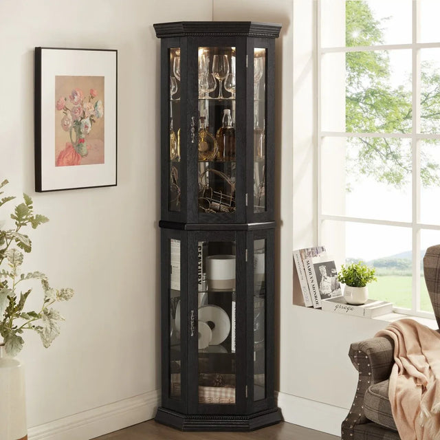 Illuminated Corner Glass Curio Cabinet With Adjustable Shelves - Omega Lifestyles