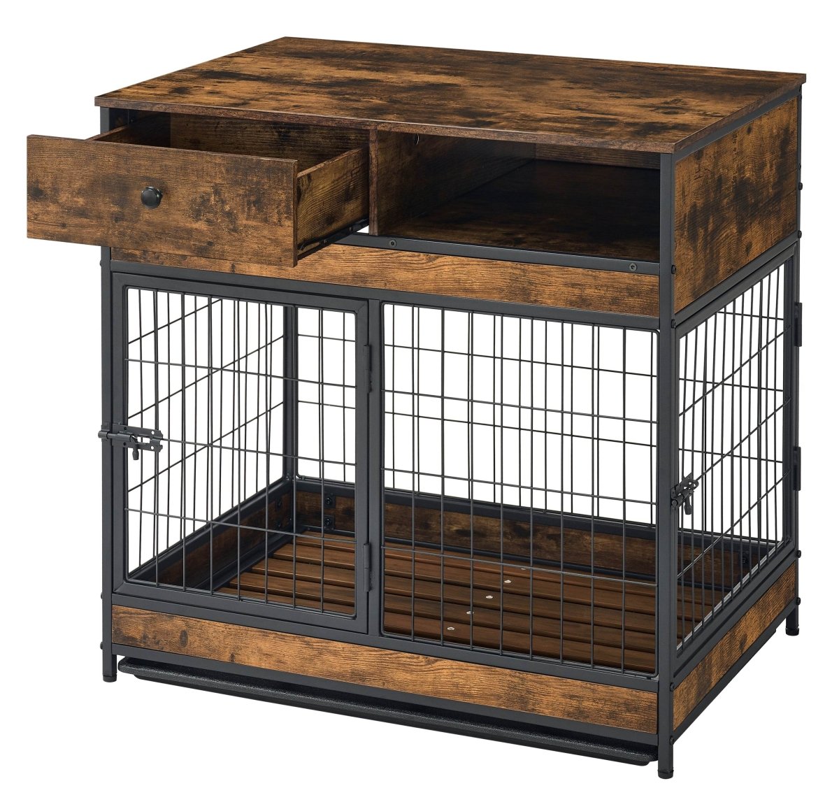 Indoor Rustic Metal Wood Dog Cage Crate With Double Doors - Omega Lifestyles