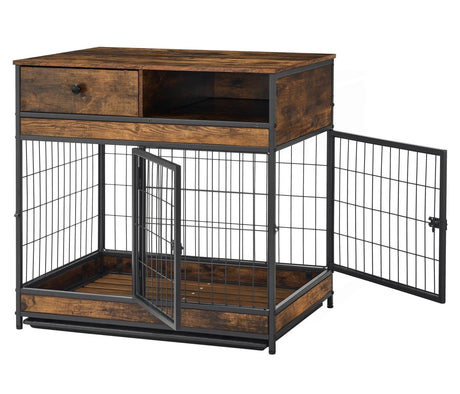 Indoor Rustic Metal Wood Dog Cage Crate With Double Doors - Omega Lifestyles
