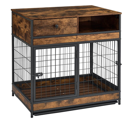 Indoor Rustic Metal Wood Dog Cage Crate With Double Doors - Omega Lifestyles