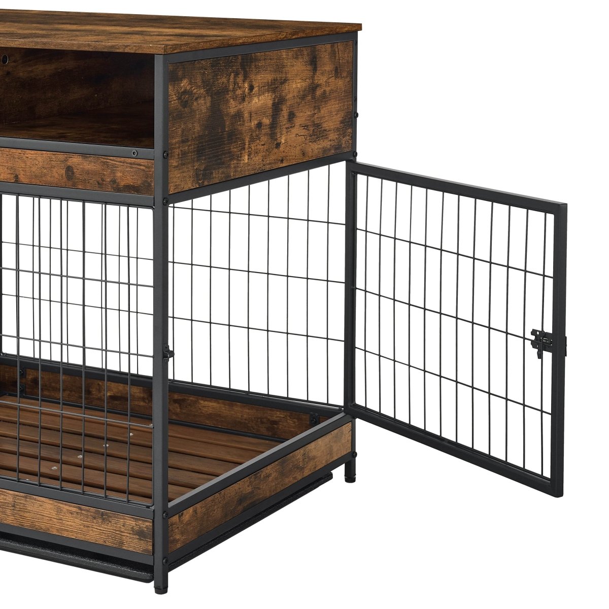Indoor Rustic Metal Wood Dog Cage Crate With Double Doors - Omega Lifestyles