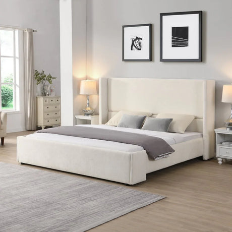 King White Fabric Upholstered Wingback Bed Frame - Omega Lifestyles