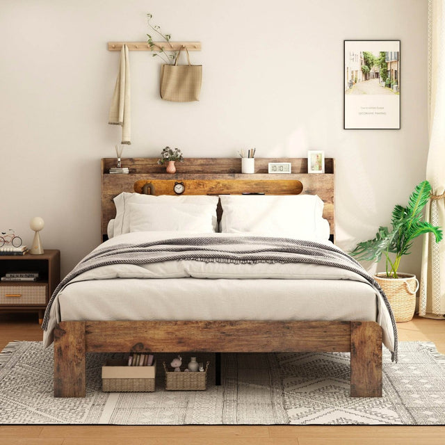 King Wood Platform Bed Frame With Storage USB Charging - Driftwood - Omega Lifestyles