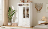 LED Illuminated White Pine Wood 4 Door Wardrobe Armoire - Driftwood - Omega Lifestyles