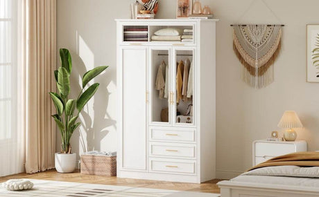 LED Illuminated White Pine Wood 4 Door Wardrobe Armoire - Driftwood - Omega Lifestyles
