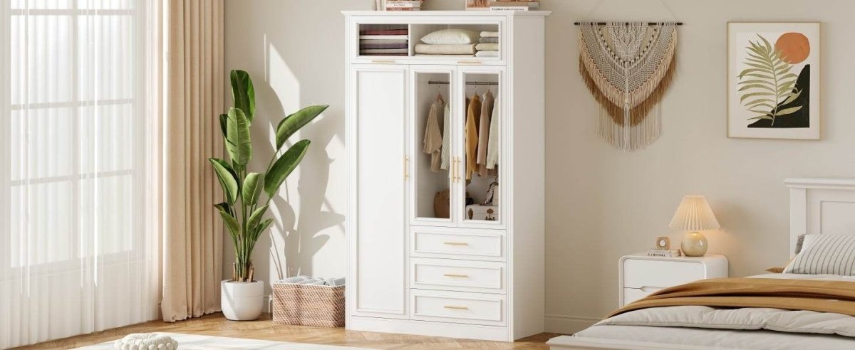LED Illuminated White Pine Wood 4 Door Wardrobe Armoire - Driftwood - Omega Lifestyles