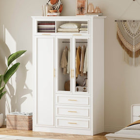 LED Illuminated White Pine Wood 4 Door Wardrobe Armoire - Omega Lifestyles